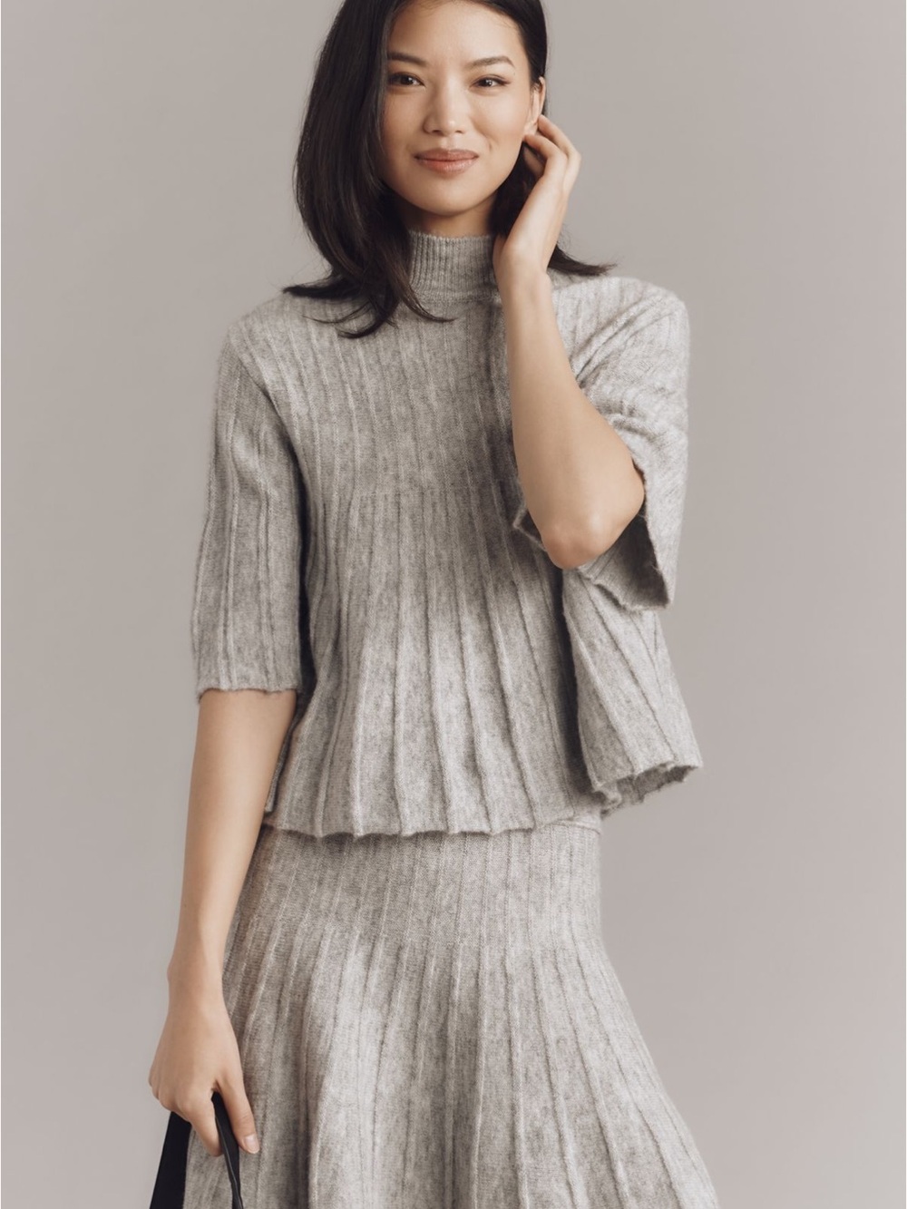 Maeve Heather Gray Ribbed Short-Sleeve Turtleneck Sweater